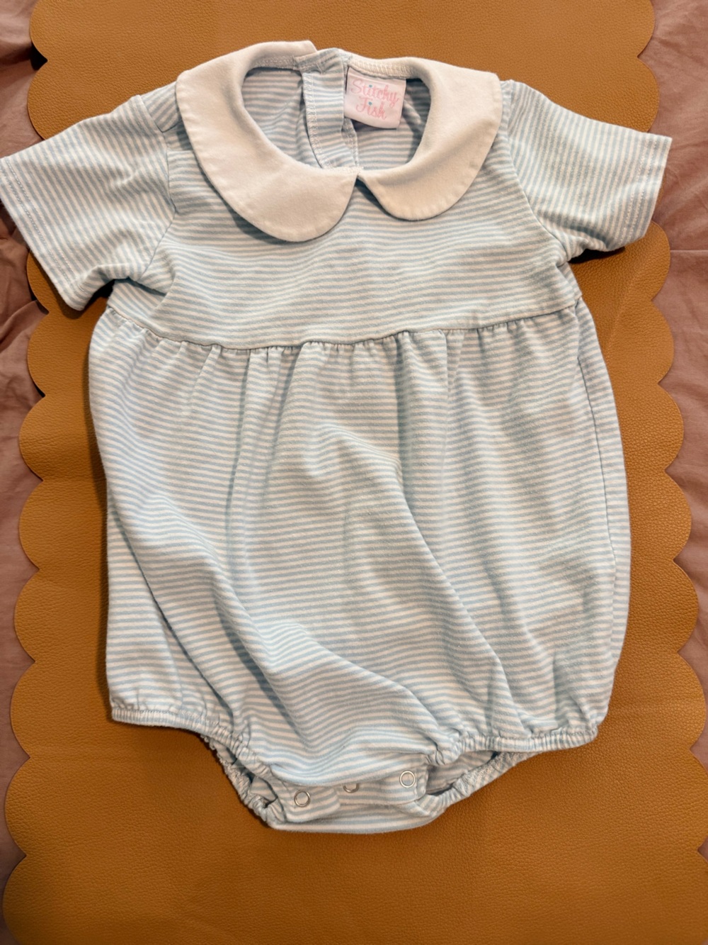 Stitchy fish Toddler bubble romper Blue & White Striped Peter Pan Collar 3T